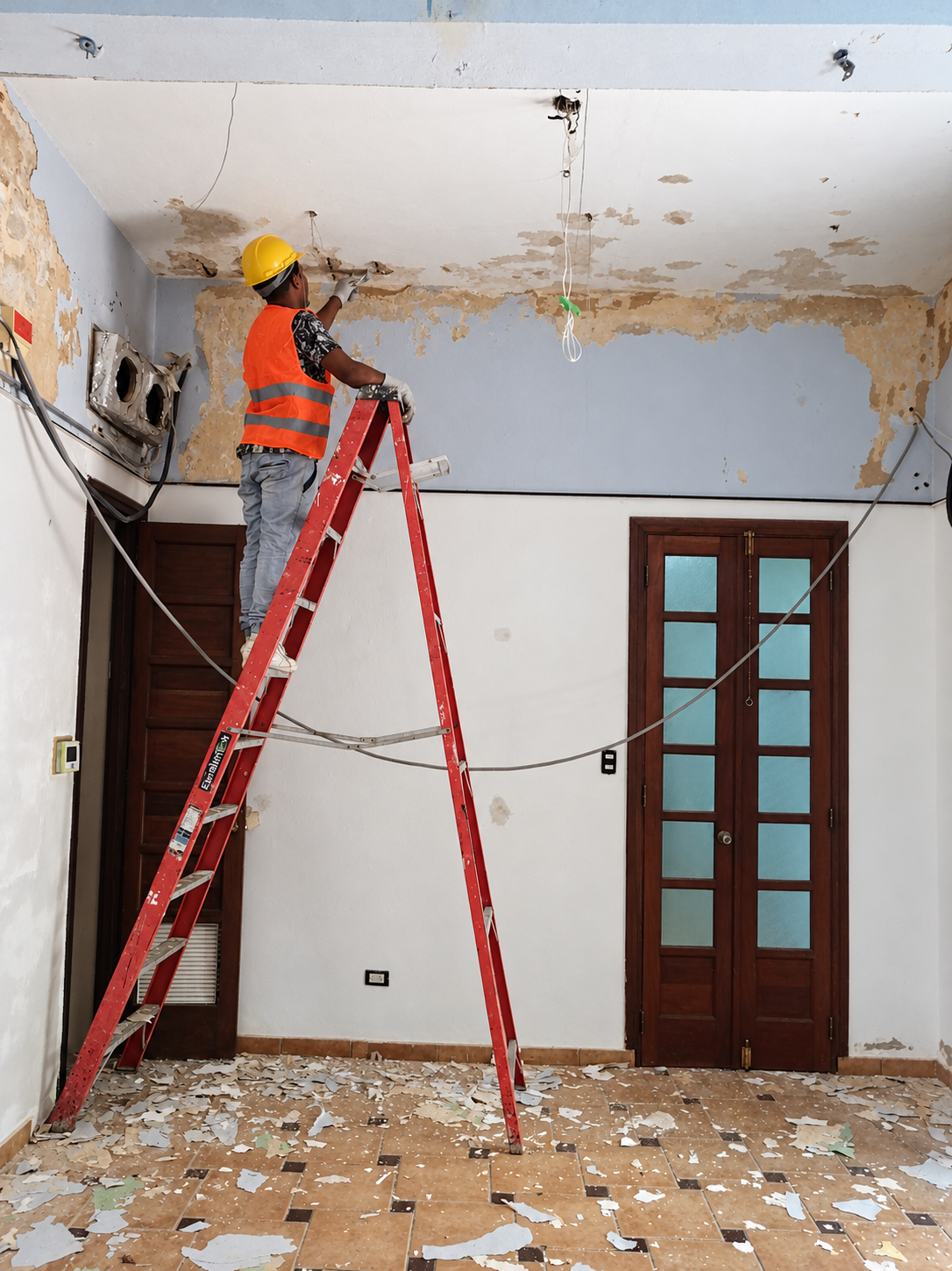 Trabajador realizando mantenimiento de techo sobre una escalera, con casco y guantes